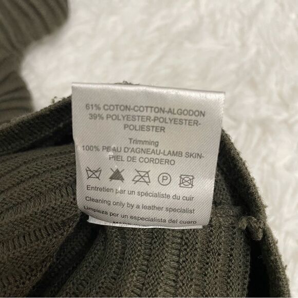 SANDRO Olive Green Ribbed Knit Lambskin Leather Sleeve Pullover Sweater sz 3 - Picture 10 of 10